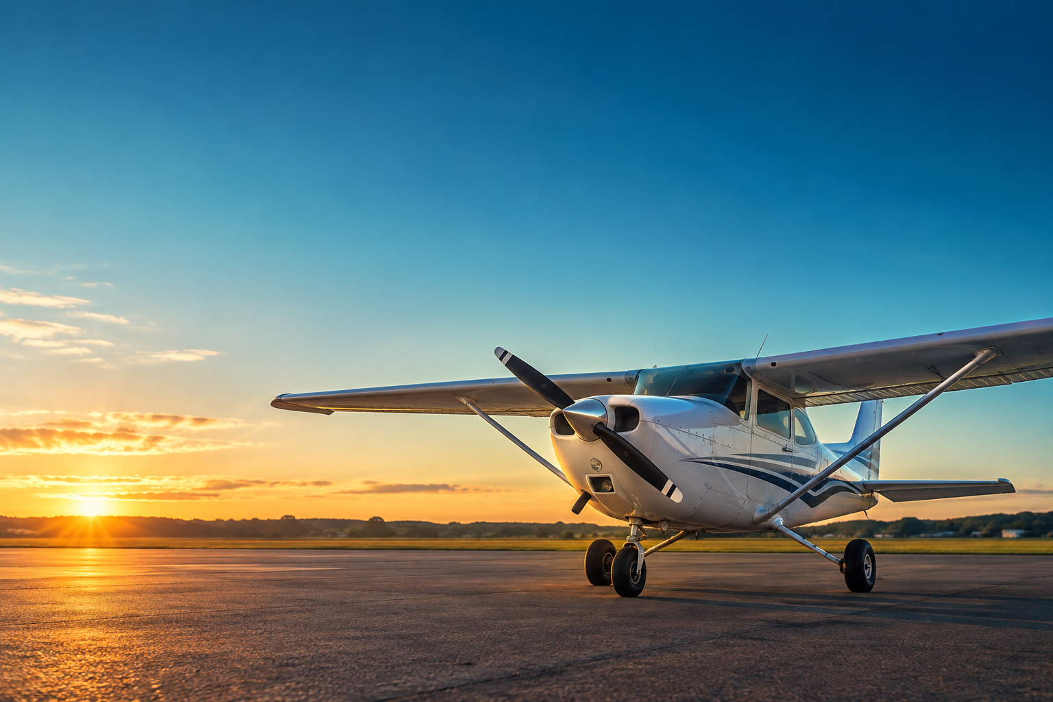 A small high-wing training airplane on a quiet airfield at sunrise