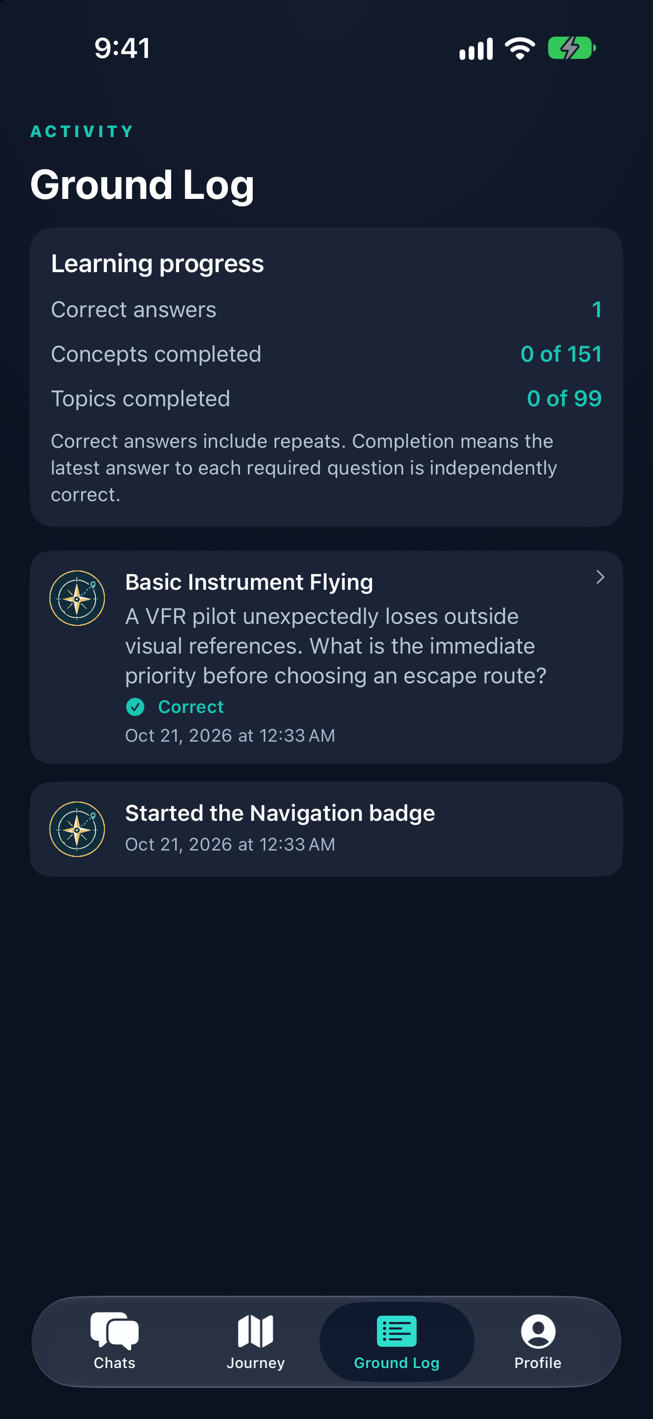 Wannabe Pilot Ground Log showing completed concepts, topics, and saved study sessions