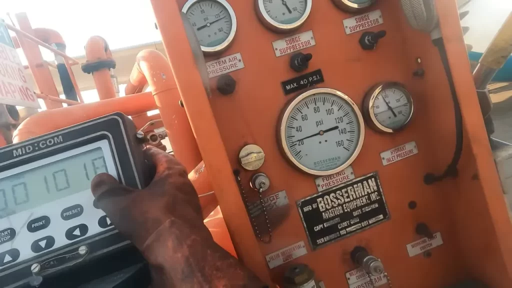 The pressure gauges on an aviation hydrant fuel cart. There is one for fueling pressure (max 40psi), hydrant inlet pressure, system air pressure and two gauges for surge suppressor pressure.