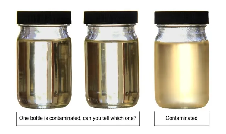 3 Glass jars of jet fuel, one is contaminated by an unknown substance