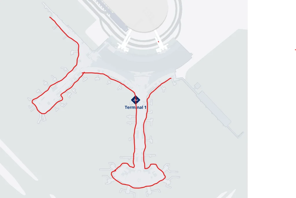 A map of Toronto Pearson's Terminal 1.  It resembles a horse shoe U shape, and there's a red line surrounding this shape tightly.
