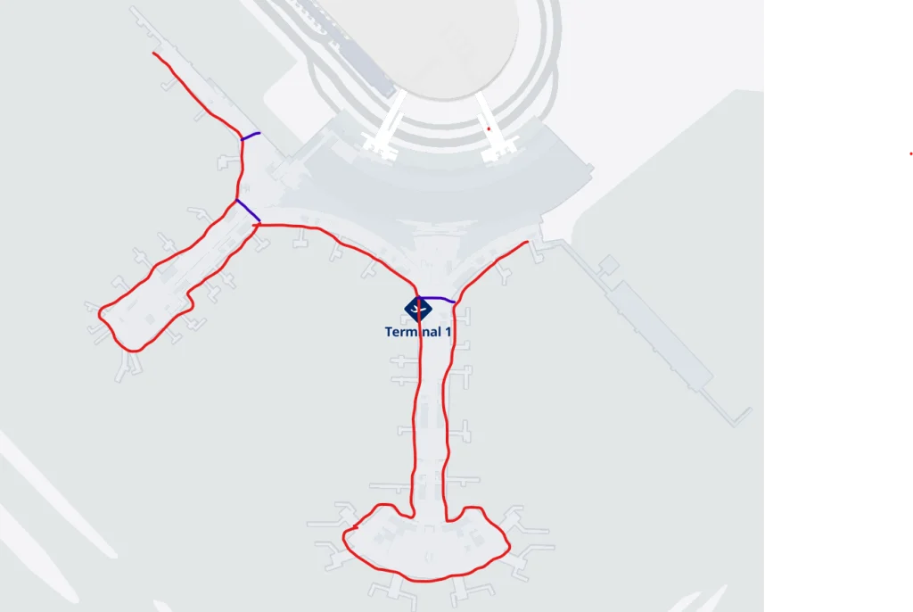 The same map of Terminal 1, with purple lines cutting directly through the horseshoe as a shortcut to the other side.