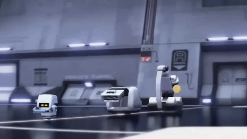 A picture of WALL-E, where the robots are precisely moving on a illuminated line on the ground